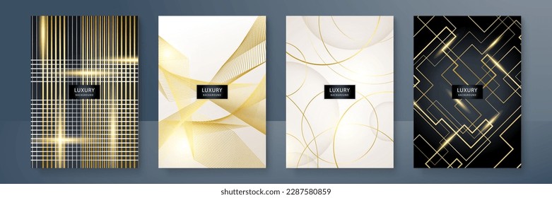 Technology cover background design set. Luxury line pattern (wave curves) in premium gold, black. Vector tech backdrop for business layout, digital certificate, formal brochure template, network