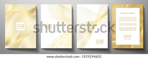 Technology cover background design set. Luxury\
line pattern (guilloche curves) in premium white, gold. Vector tech\
backdrop for business layout, digital certificate, formal brochure\
template, network