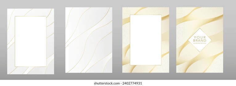 Technology cover and frame design set. Luxury white and gold line pattern, abstract guilloche curves backdrop for A4 brochure, catalog, business layout, digital certificate, elegant menu. Vector