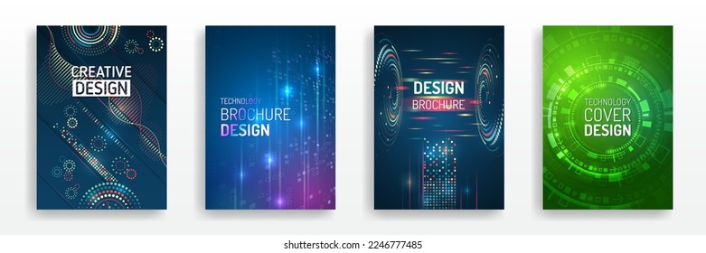 Technology covers corporate documents. Layout template science designs. Brochure, flyer, book, annual report. Blue hi-tech vector illustrations for business presentations. Futuristic business posters.