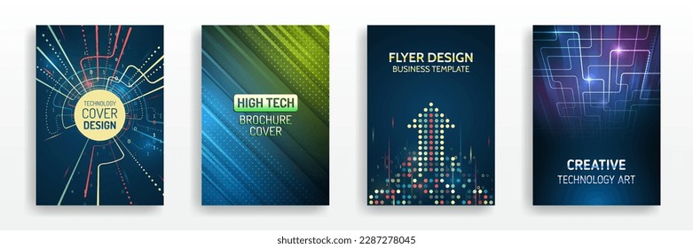 Technology covers corporate documents. Layout template science designs. Brochure, flyer, book, annual report. Blue hi-tech vector illustrations for business presentations. Futuristic business posters.