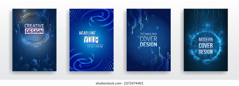 Technology covers corporate documents. Layout template science designs. Brochure, flyer, book, annual report. Blue hi-tech vector illustrations for business presentations. Futuristic business posters.