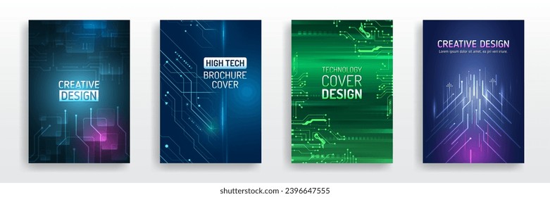 Technology covers corporate documents. Layout template science designs. Brochure, flyer, book, annual report. Blue hi-tech vector illustrations for business presentations. Futuristic business posters.