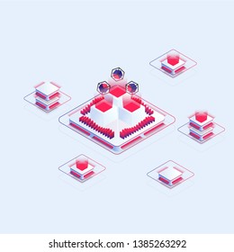 technology cryptocurrency and blockchain isometric composition, analysts and managers working on crypto start up. Isometric vector illustration 3