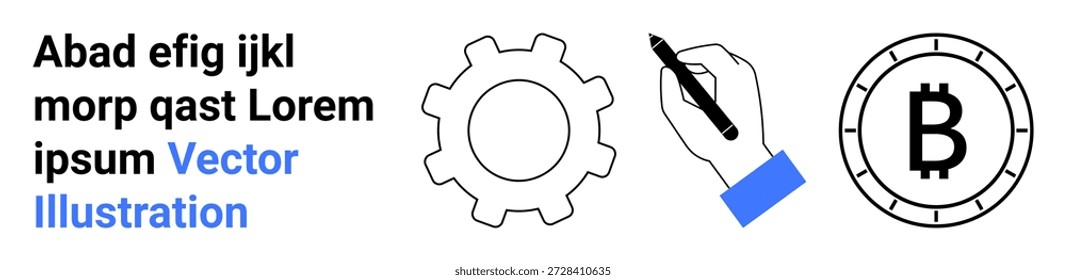 Tecnología, criptomoneda, desarrollo de negocios, finanzas, ingeniería, blockchain. Icono de engranaje, pluma de mano y símbolo de moneda Bitcoin. Conceptos de Tecnología y criptomonedas