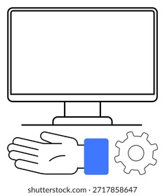 Technology, customer support, assistance, service industry, digital tools, machine optimization. A computer monitor, a hand and a gear icon. Technology and customer support conceptual