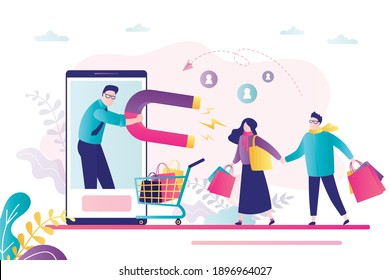 Technology of customers retention. Social media marketing. Businessman use magnet and attracts consumers. Funny smm specialist. Clients with shopping trolley, bags. Online promotion campaign. Vector