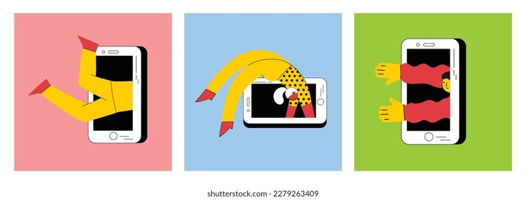Technology of customers retention. Social media marketing and Dependence on the phone and the Internet. Illustration of the people fallen into a smartphone. Vector svg