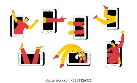 Technology of customers retention. Social media marketing and Dependence on the phone and the Internet. Illustration of the people fallen into a smartphone. Vector