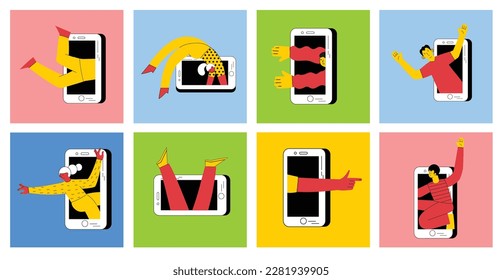 Technology of customers retention. Social media marketing and Dependence on the phone and the Internet. Illustration of the people fallen into a smartphone. Vector svg