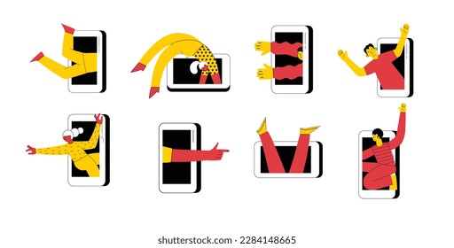 Tecnología de retención de clientes. Marketing en medios sociales y Dependencia del teléfono e Internet. Ilustración de las personas que cayeron en un smartphone. Vector