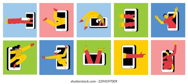 Technology of customers retention. Social media marketing and Dependence on the phone and the Internet. Illustration of the people fallen into a smartphone. Vector