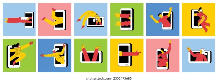 Technology of customers retention. Social media marketing and Dependence on the phone and the Internet. Illustration of the people fallen into a smartphone. Vector