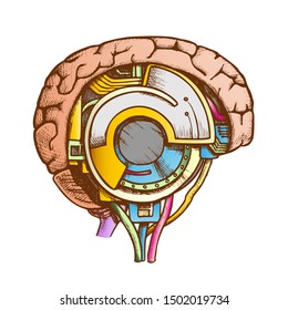 Technology Cyber Brain Side View Color Vector. Artificial Intelligence Concept In Form Of Human Brain. Digital Mind Cyberbrain Hand Drawn In Vintage Style Illustration