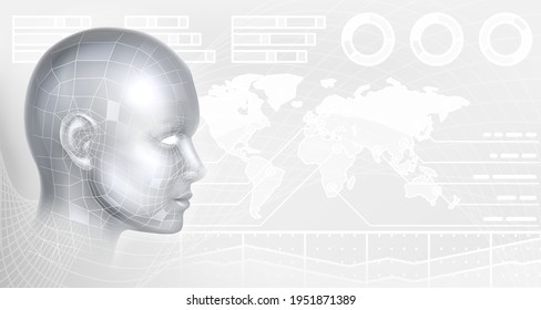 Technology cyber face map background concept. Digital 3d head in profile representing ai or artificial intelligence tech. Global map logistic science data statistics infographics information behind it