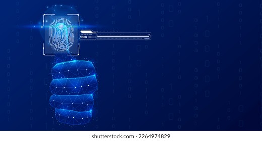 Technology cybersecurity concept, digital security encryption by low poly hand wireframe to scan identity then downloading and accept coding, password vector background.