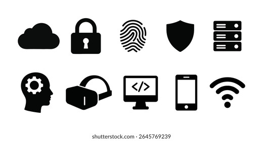 Tecnologia e Cybersecurity Icon Set - Silhueta Preta Vetores de Nuvem, Bloqueio, Impressão Digital, Escudo, AI, VR e Mais