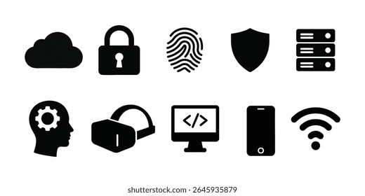 Tecnologia e conjunto de ícones de segurança cibernética | Silhueta Preta Vetores de Nuvem, Lock, AI, VR, Código, Mobile, WiFi e muito mais