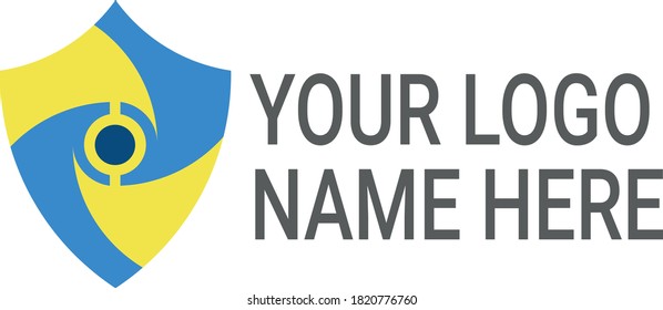 Technology cybersecurity vector logo  with shield and an eye simple concept design.