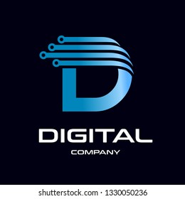 Technology D letter vector logo template. Logo with circle and digital symbol. Gradient blue. This logo is suitable for industrial.