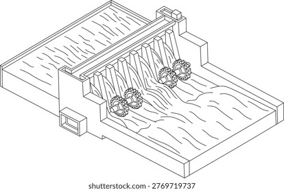 Technology dam line drawing of a hydroelectric dam with turbines for modern energy solutions, suitable for renewable energy concepts.