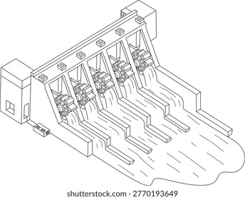 Technology dam line drawing of a hydroelectric dam with turbines for modern energy solutions, suitable for renewable energy concepts.