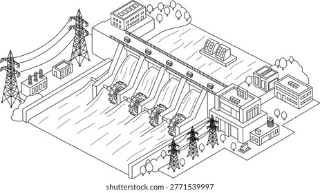 Technology dam line drawing of a hydroelectric dam with turbines for modern energy solutions, suitable for renewable energy concepts.