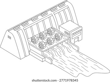 Technology dam line drawing of a hydroelectric dam with turbines for modern energy solutions, suitable for renewable energy concepts.