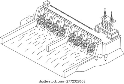 Technology dam line drawing of a hydroelectric dam with turbines for modern energy solutions, suitable for renewable energy concepts.