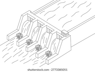 Technology dam line drawing of a hydroelectric dam with turbines for modern energy solutions, suitable for renewable energy concepts.