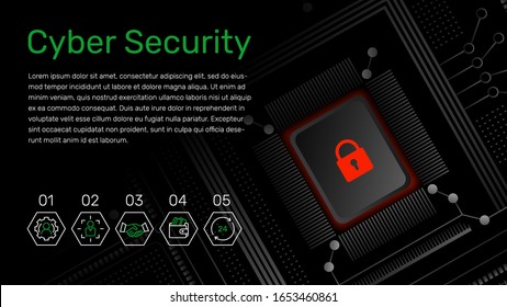 Technology dark background. Realistic microchip board with electronic connections. Software and cyber security presentation backdrop. Vector Eps 10