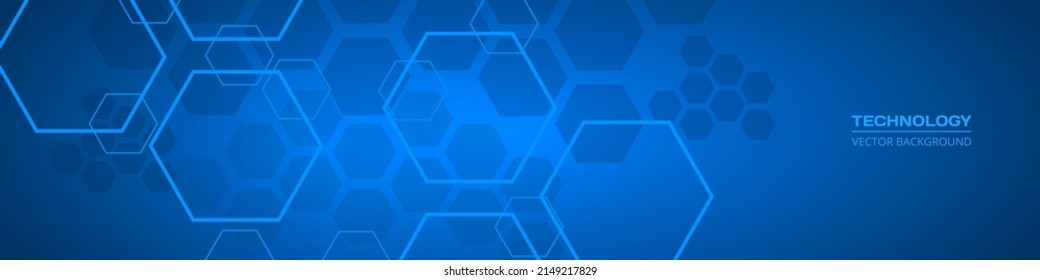 Tecnología de fondo abstracto ancho azul oscuro con elementos hexagonales. Resumen del cartel horizontal azul marino médico hexagonal. Medicina innovadora, ciencia, tecnología o diseño de alta inteligencia.