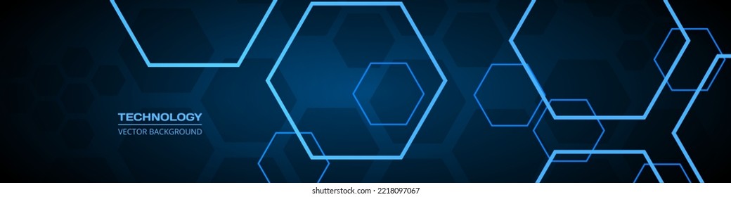 Technology dark blue wide abstract background with hexagonal elements. Abstract hexagon medical navy blue horizontal banner. Innovation medicine, science, technology or high intelligence design.