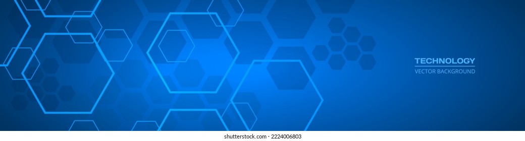 Technology dark blue wide abstract background with hexagonal elements. Abstract hexagon medical navy blue horizontal banner. Innovation medicine, science, technology or high intelligence design.