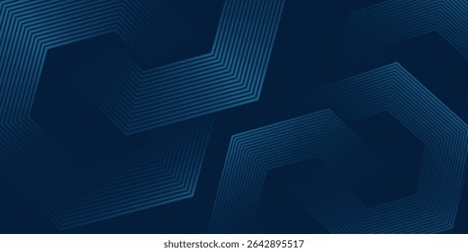 Technology dark blue wide abstract background with hexagonal elements. Abstract hexagon medical navy blue horizontal banner. Innovation medicine, science, technology or high intelligence design.