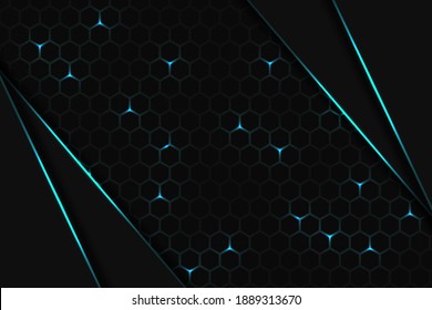 Technology Dark Hexagonal Background. Blue Bright Energy Flashing Under The Hexagon In Dark Tech Modern Futuristic Background Illustration With Triangular Shapes And Lines. Gray Mesh Honeycomb Texture