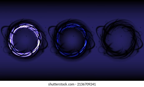 Technology darkness swirl black effect collection. Magic abstract frame ring. The dark power energy of circular element. Luminous sci-fi. HUD black hole space. Futuristic swirl universe trail effect