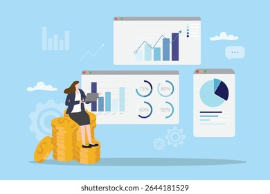 Technology and data analysis concept for saving money, financial retirement planning, growth business, high return investment, profits increase, money management flat vector illustration.