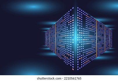 Technology data center abstract digital warehouse. Server room of clouds computing technology. Server farm communication with internet. Network connection and information exchange lights glow concept.