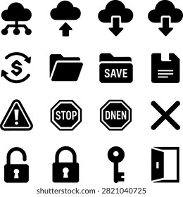technology and data management cloud storage upload download sync save and security symbols