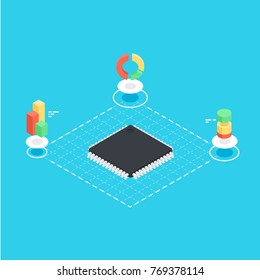 Technology data processing and analysis vector concept, computer processor, computing data refactoring isometric flat illustration