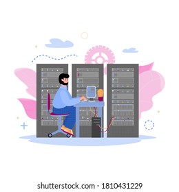 Technology of data storage concept with male character of data center worker in server room, cartoon vector illustration isolated on white background.