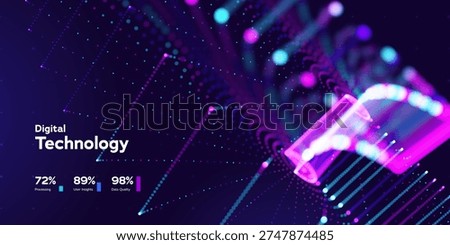 Technology Data Stream Background With Glowing Neon Particle Stack And Dots Representing AI Network, Big Data Processing And Digital Innovation. Digital Technology Systems. Vector Illustration