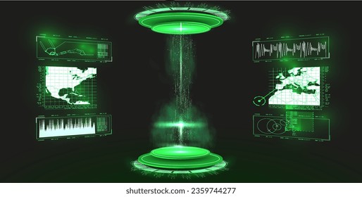 Technology demonstration. Futuristic circle 3D lab stage with HUD elements for UI,GUI Abstract style on black background. Blank display, stage or podium for show product in futuristic cyberpunk style.