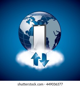 Technology design represented by smartphone and planet icon. Colorfull illustration. Blue background