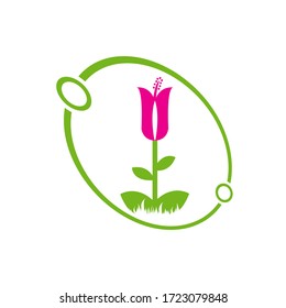 Technologiedesign-Symbol mit Blatt und Blume. Umweltfreundliche Technologie Symbol Design in flachem Stil. Vektorgrafik EPS.8 EPS.10