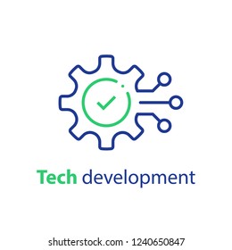 Technology Development, Cogwheel And Check Mark, Innovation Concept, System Integration, Software Business, Technical Support, Smart Solution, Vector Line Icon, Linear Illustration