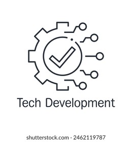 Technologie Entwicklung, Zahnrad und Häkchen, Innovationskonzept, Systemintegration, Software Business, Technischer Support, Smart Solution.Vektorgrafik Linearsymbol auf weißem Hintergrund isoliert.