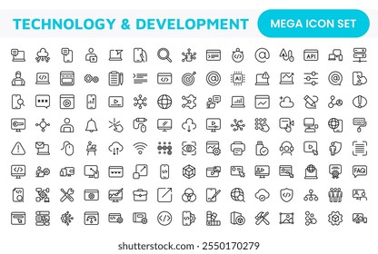 Technology and Development Icon Set. Modern and innovative icons tailored for tech apps and projects, perfect for showcasing development tools, software solutions, and cutting-edge technologies.