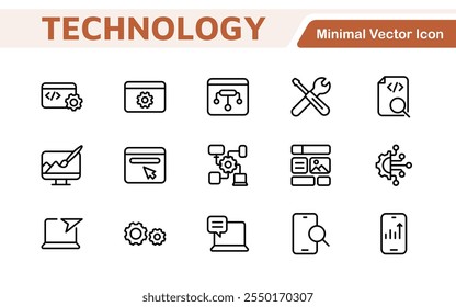 Technology and Development Icon Set. Modern and innovative icons tailored for tech apps and projects, perfect for showcasing development tools, software solutions, and cutting-edge technologies.